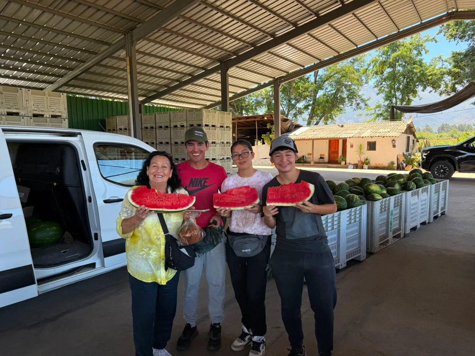 Familia comprando sandías directamente en el campo